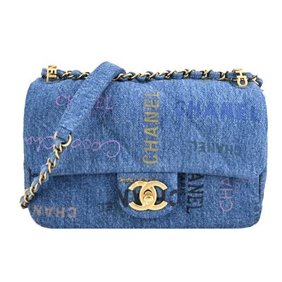【CHANEL】經典LOGO 印花牛仔帆布肩背/斜揹包-藍色 [平輸]
